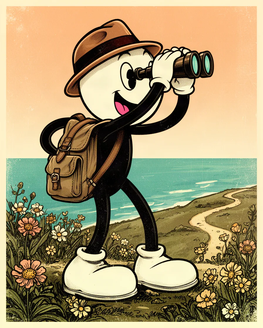 Budly looking through binoculars